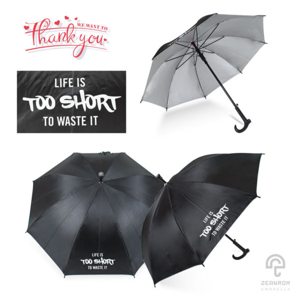 ร่มพรีเมี่ยม ตอนเดียว สีดำ 24 นิ้ว โลโก้ Life is too short,to waste it