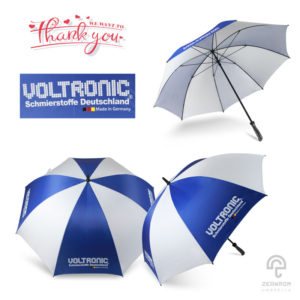 ร่มพรีเมี่ยม แบบตอนเดียว สีน้ำเงิน-ขาว 30 นิ้ว โลโก้ VOLTRONIC