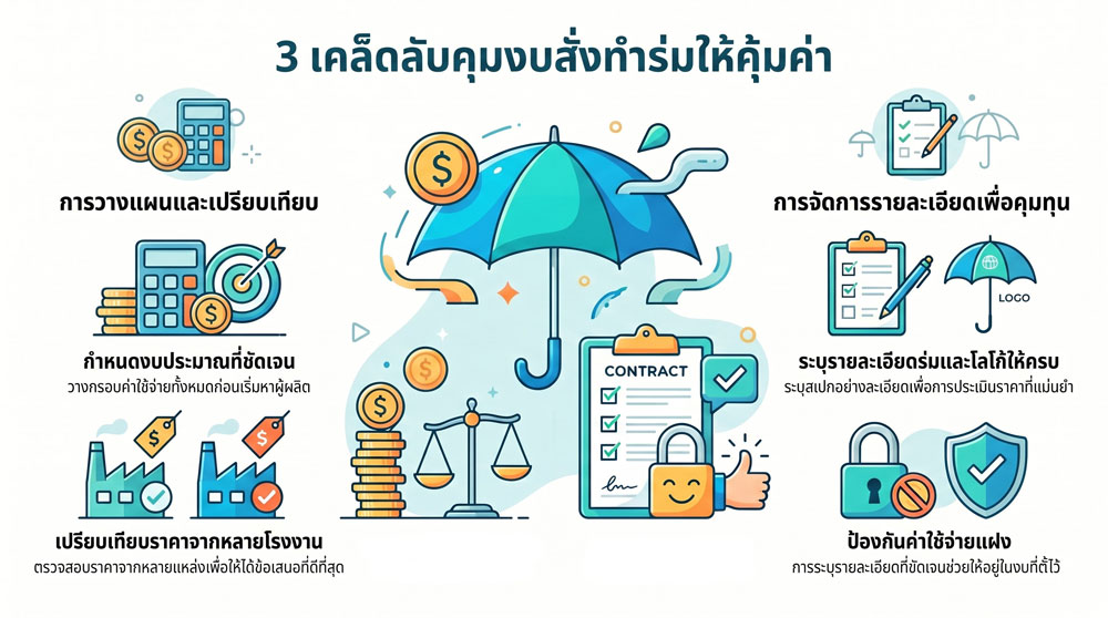 , สั่งทำร่มสกรีนโลโก้แจกลูกค้า คู่มือครบวงจรจากโรงงาน พร้อมเทคนิคคุมงบ